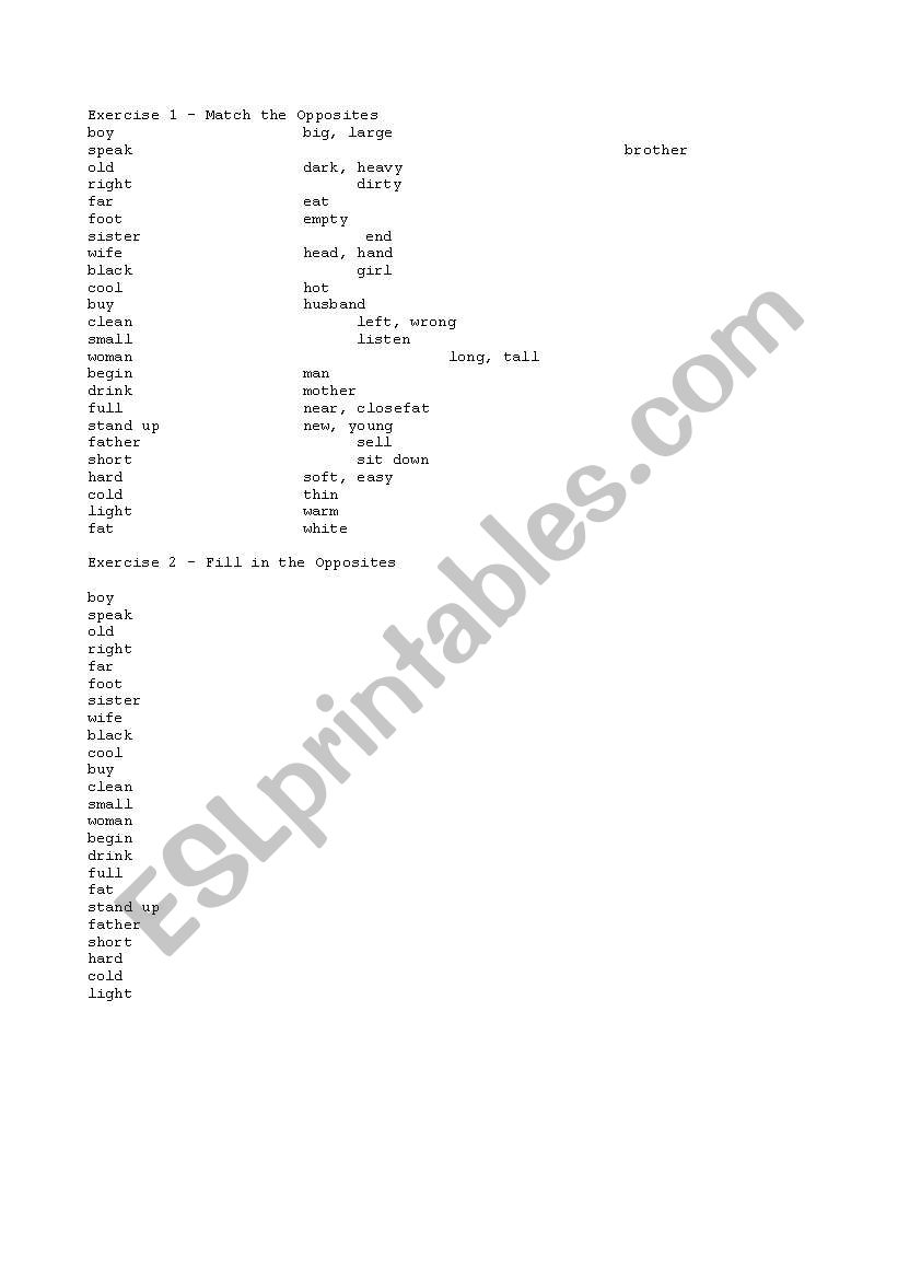 Opposites for beginers worksheet