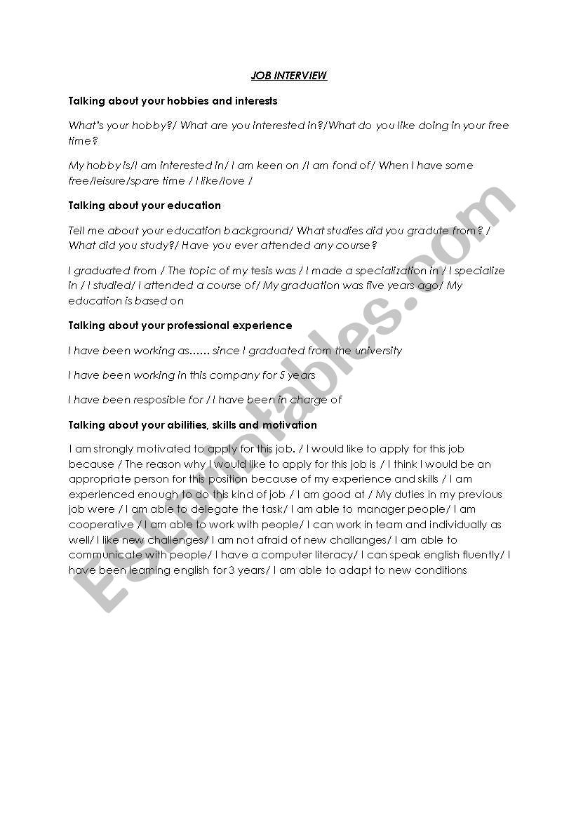 Job interview vocabulary worksheet