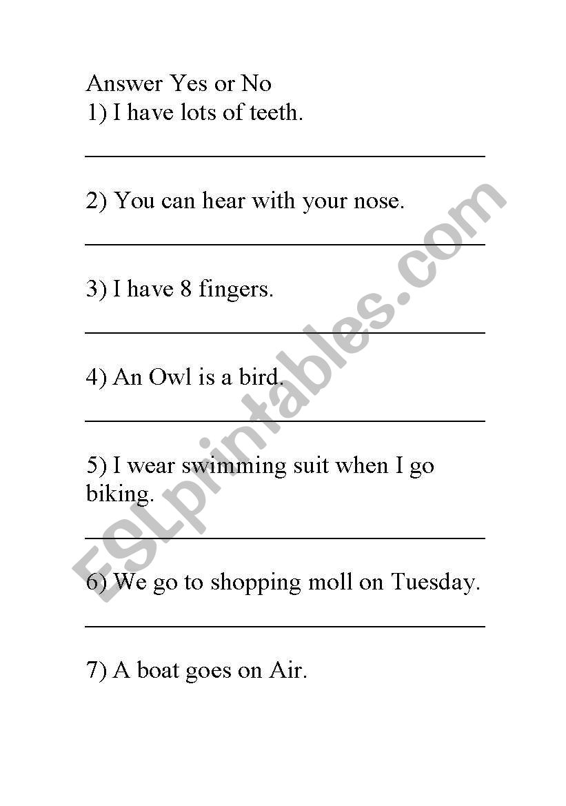 Yes or No worksheet