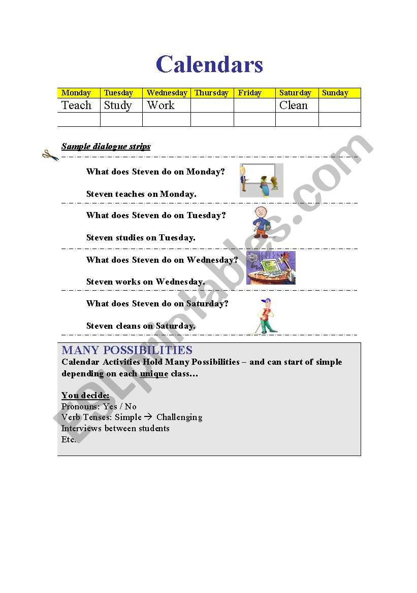 Daily activities calendar & worksheet
