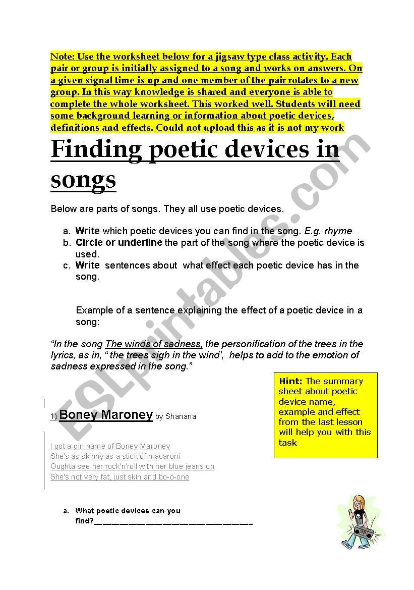 Poetic devices in lyrics jigsaw type activity lesson