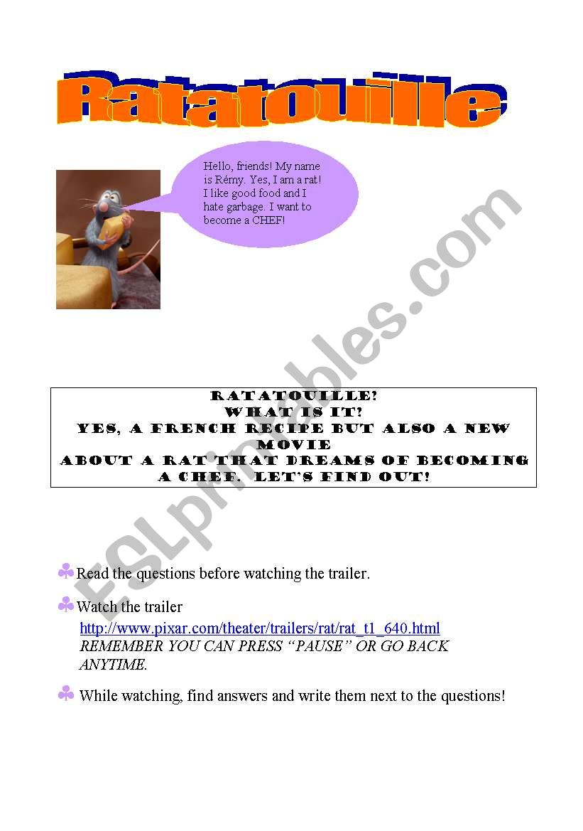 Ratatouille worksheet