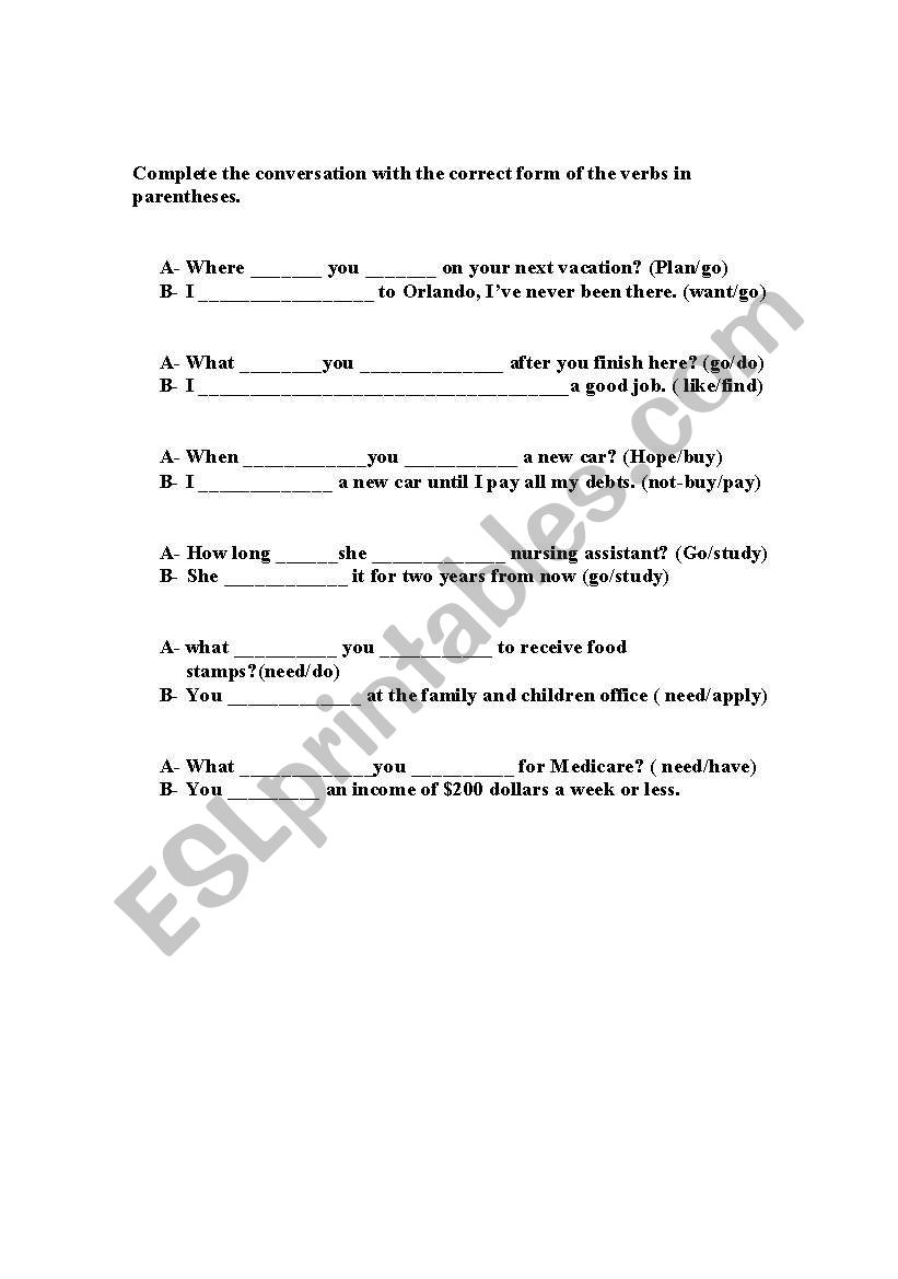 complete the conversation with the correct form of the verbs in parentheses