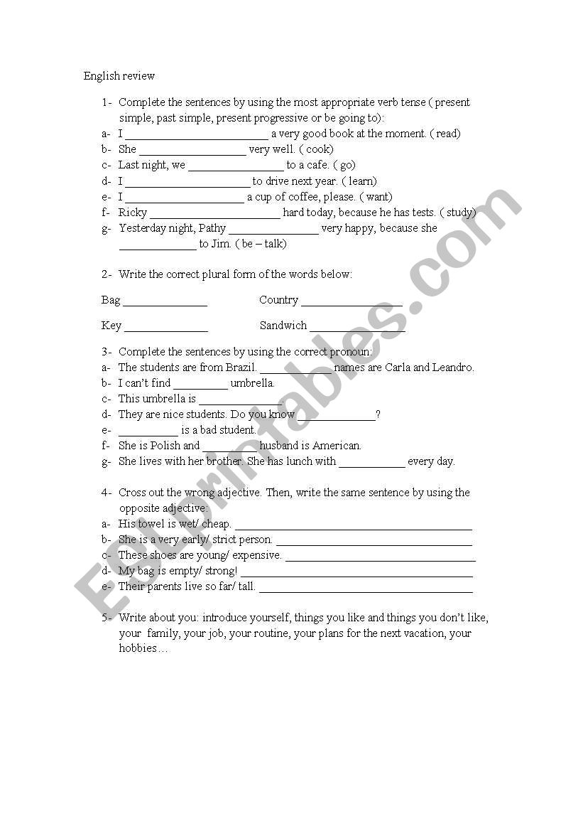 english review - basic tenses, pronouns, plurals and adjectives