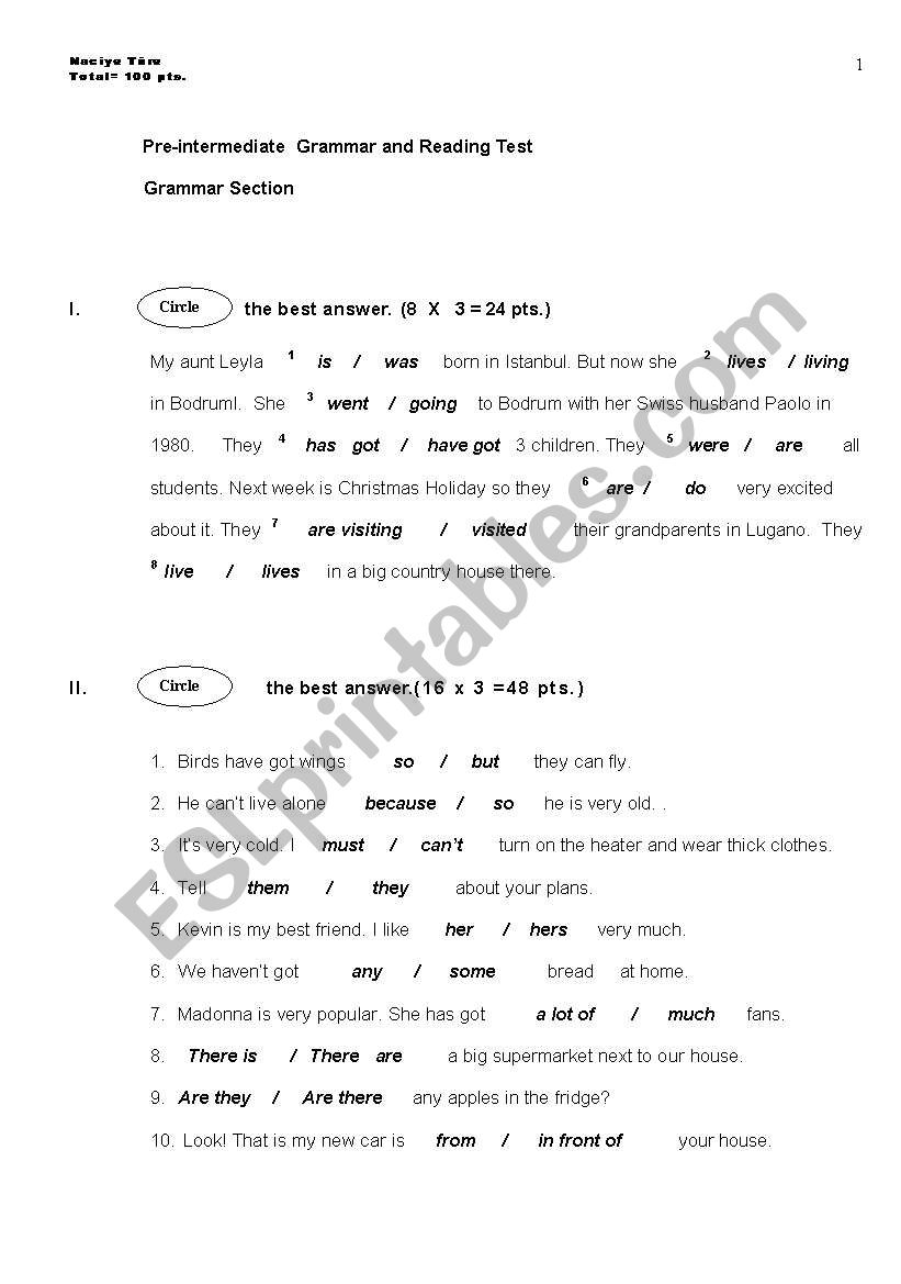 Pre-intermadiate Grammar and reading test