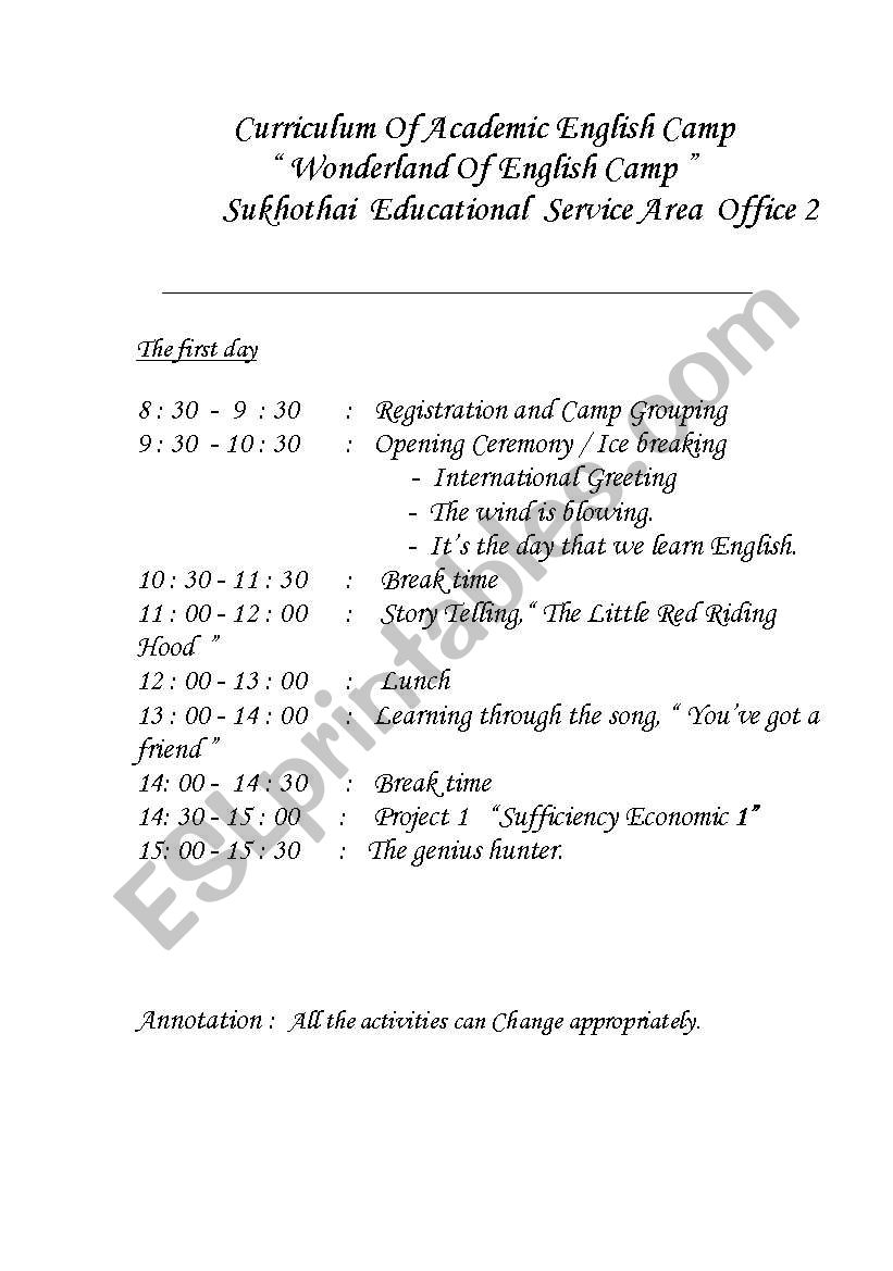 English Camp curriculum worksheet