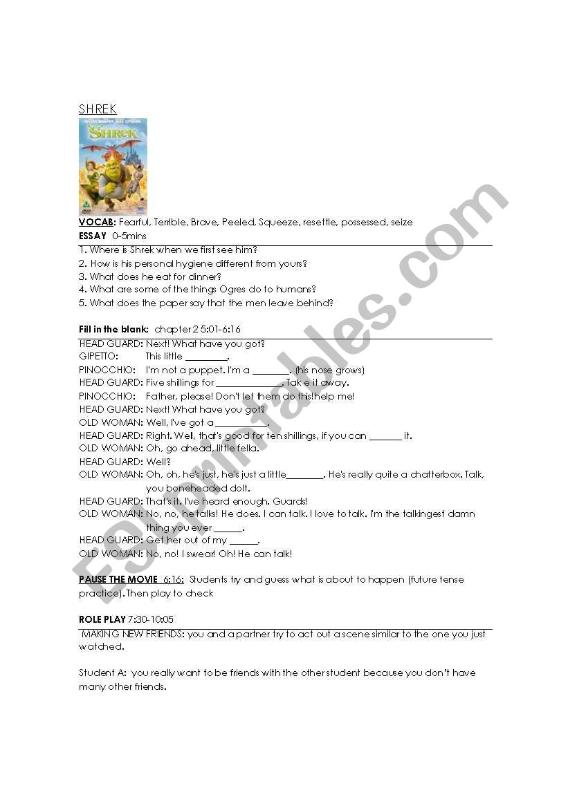 shrek movie worksheet worksheet