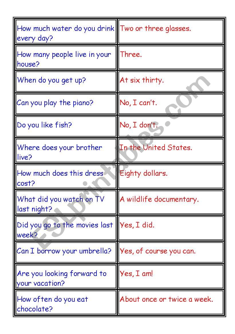 Matching game worksheet