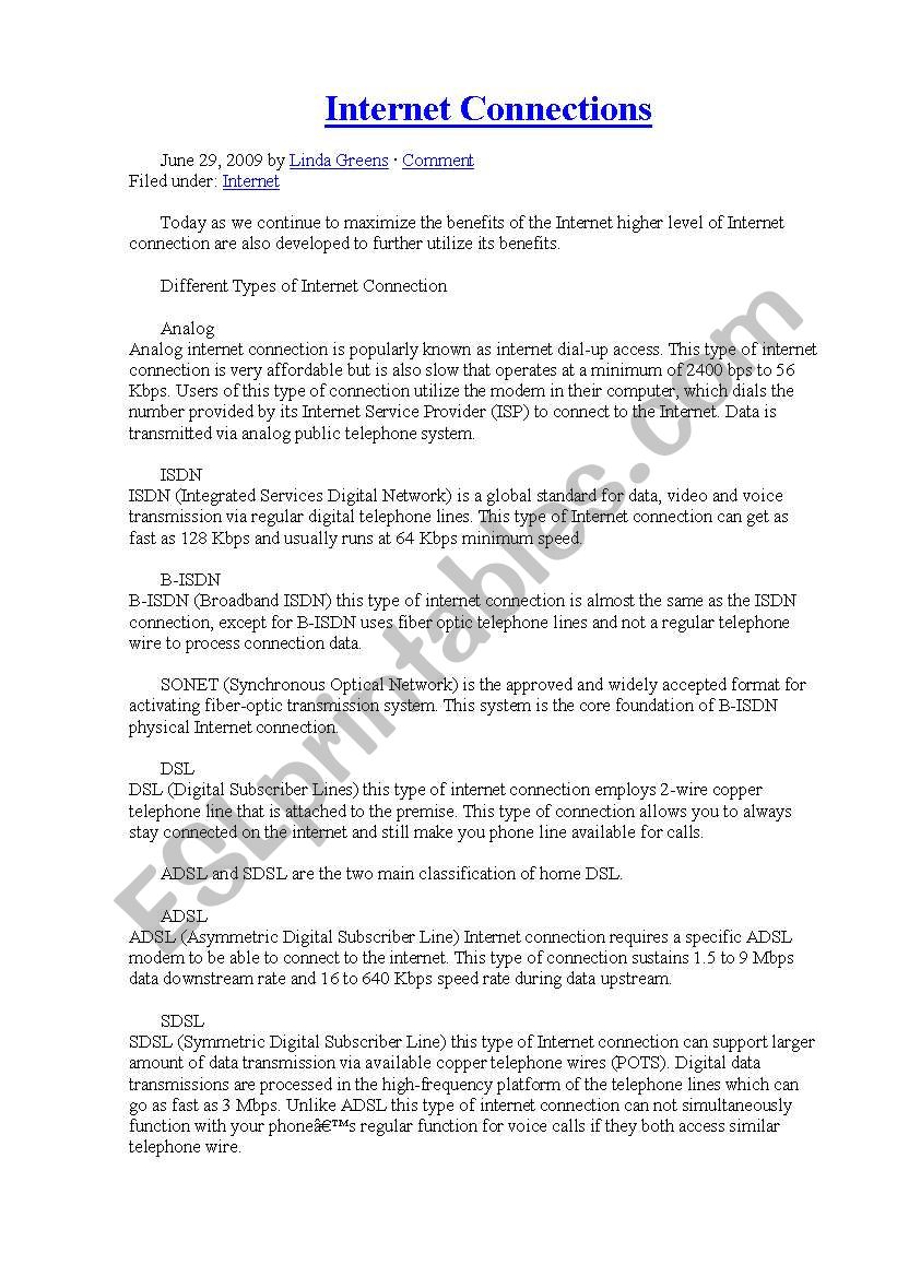 Internet Connections worksheet