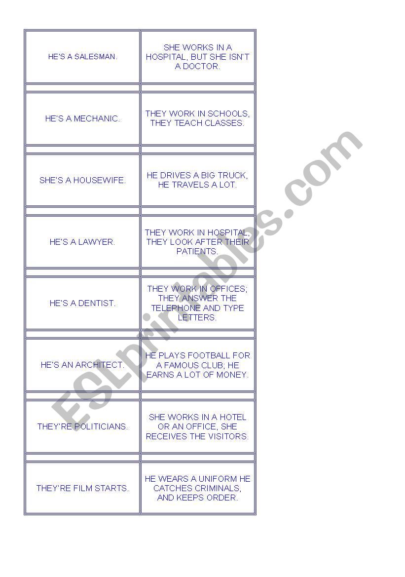 Profession domino worksheet