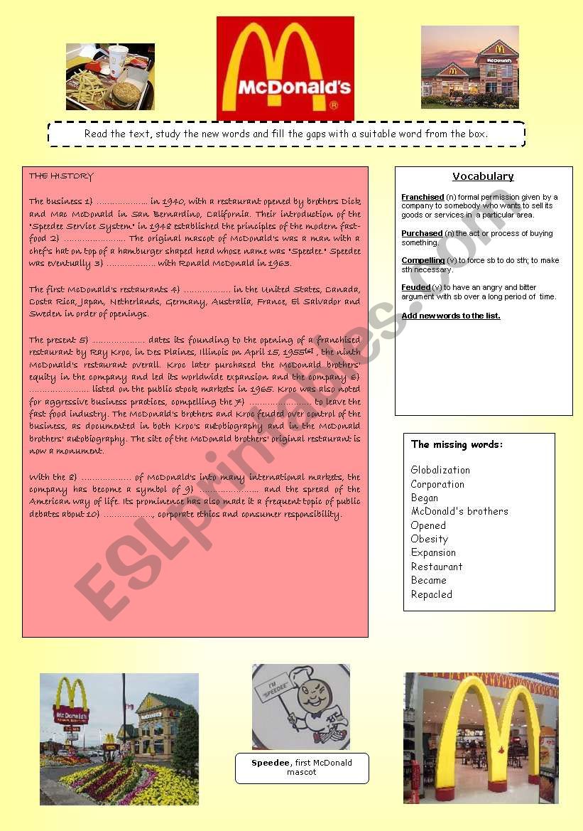 MC DONALDÂ´S HISTORY worksheet