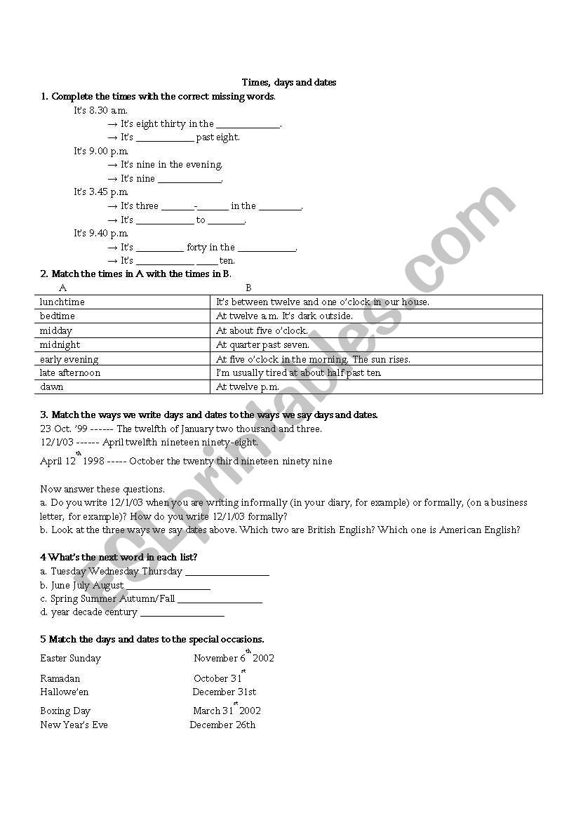 Prepositions with TIME worksheet