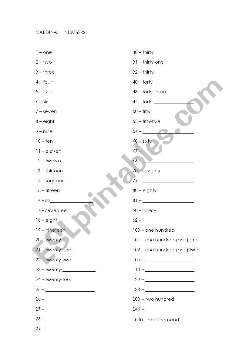 Cardinal Number Exercises worksheet