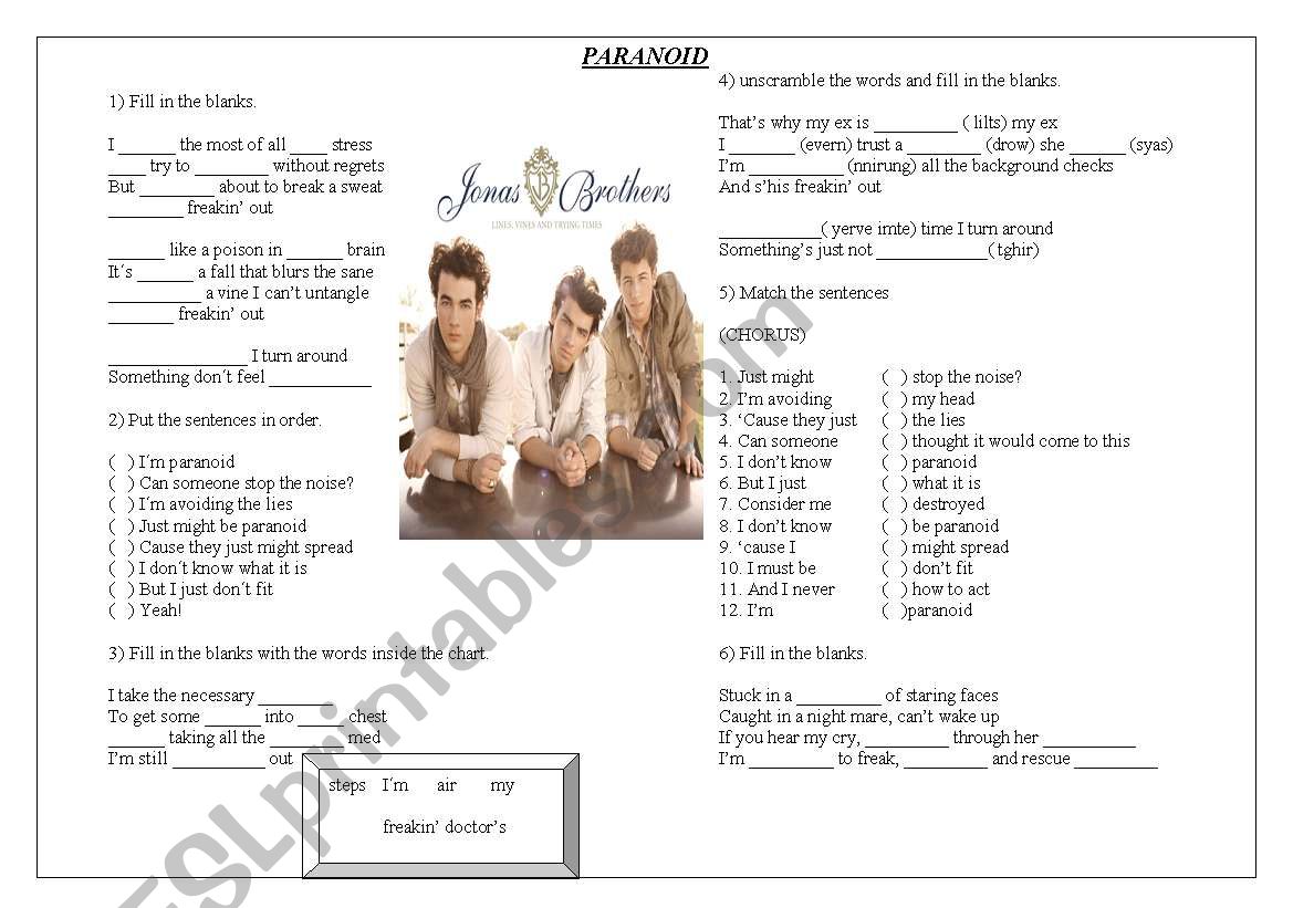 paranoid - jonas brothers worksheet