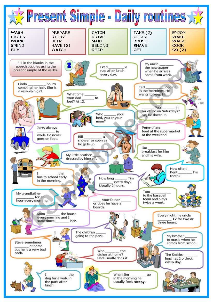 PRESENT SIMPLE AND DAILY ROUTINES (B&W VERSION INCLUDED)