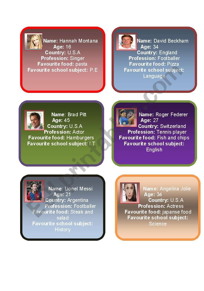 Celebrities cards-Role play worksheet