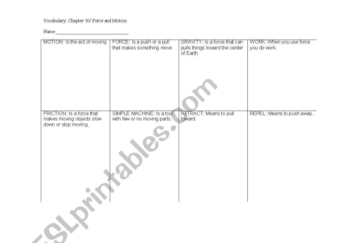 fORCE AND mOTION vOCABULARY worksheet