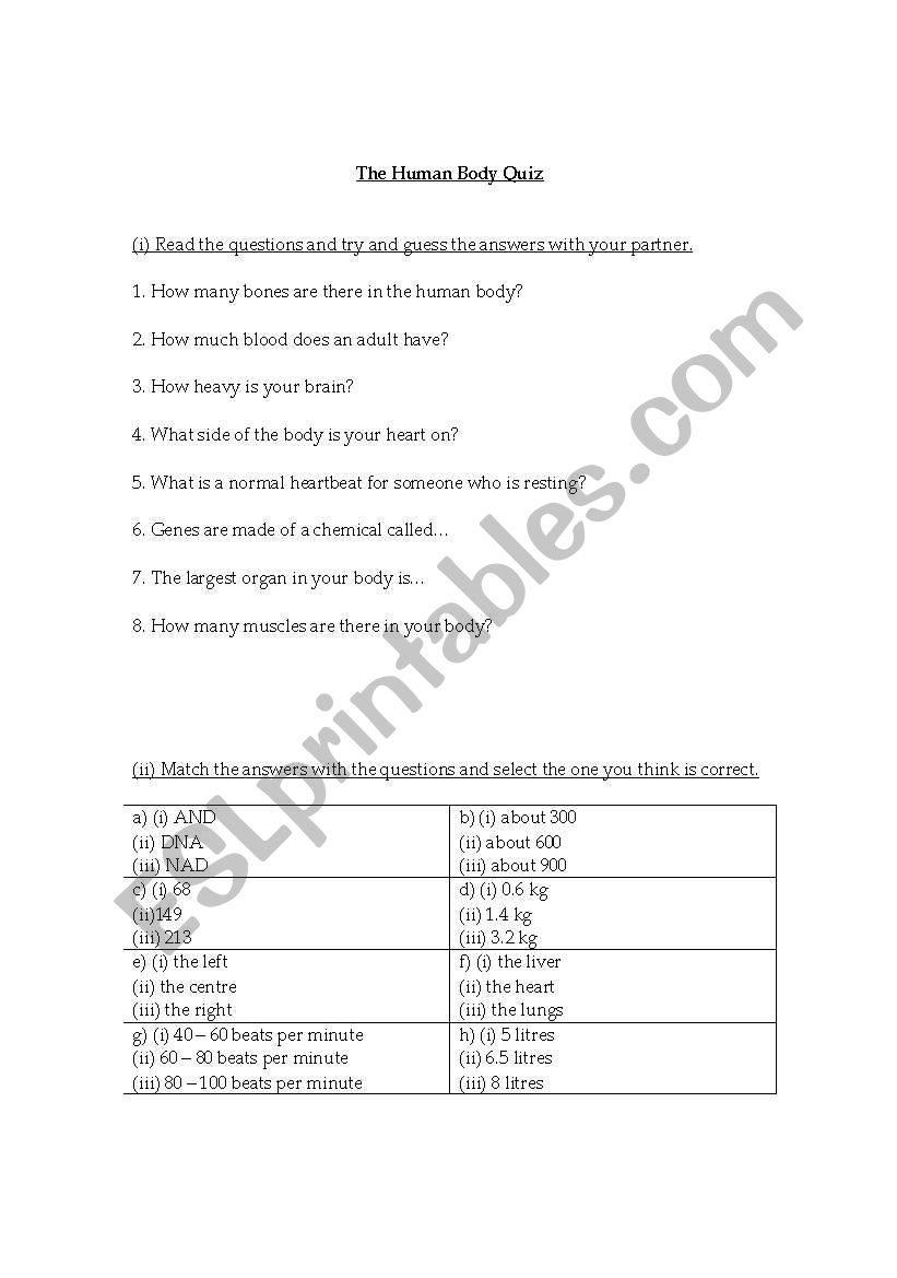 Human Body Quiz worksheet