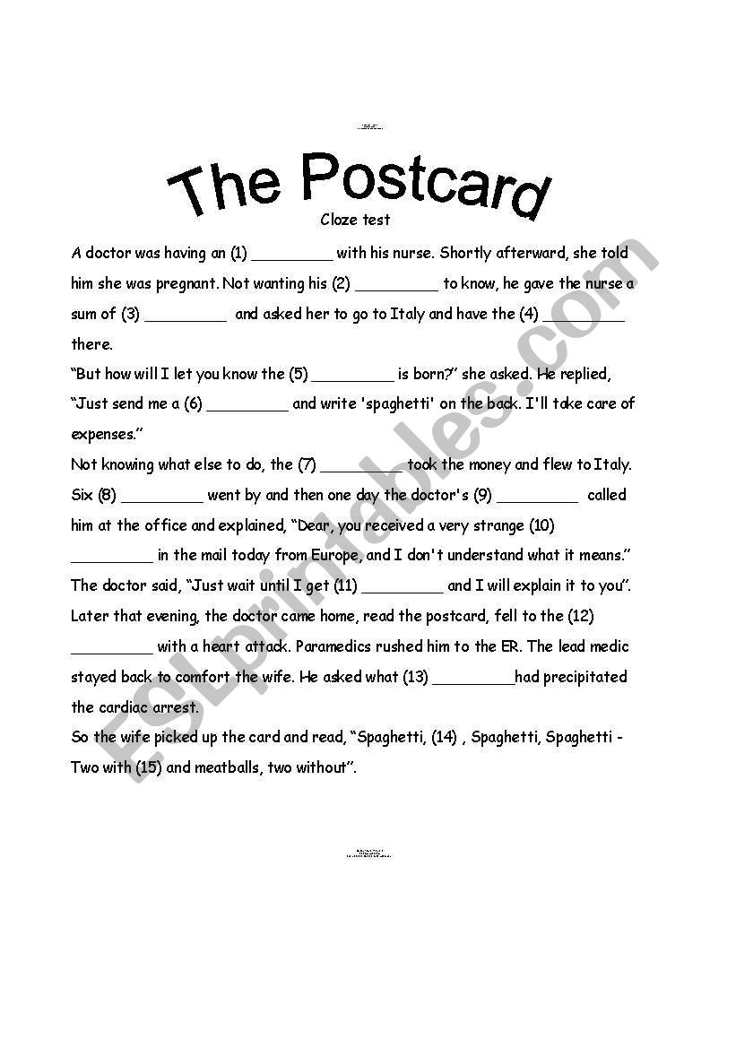 The Postcard ~ funny CLOZE worksheet