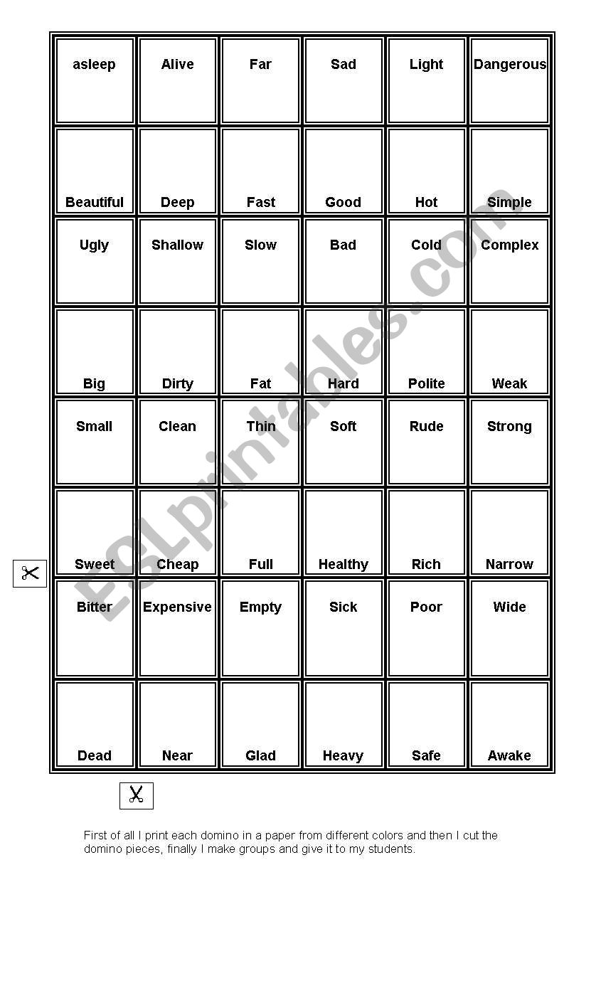domino, adjectives, opposites worksheet