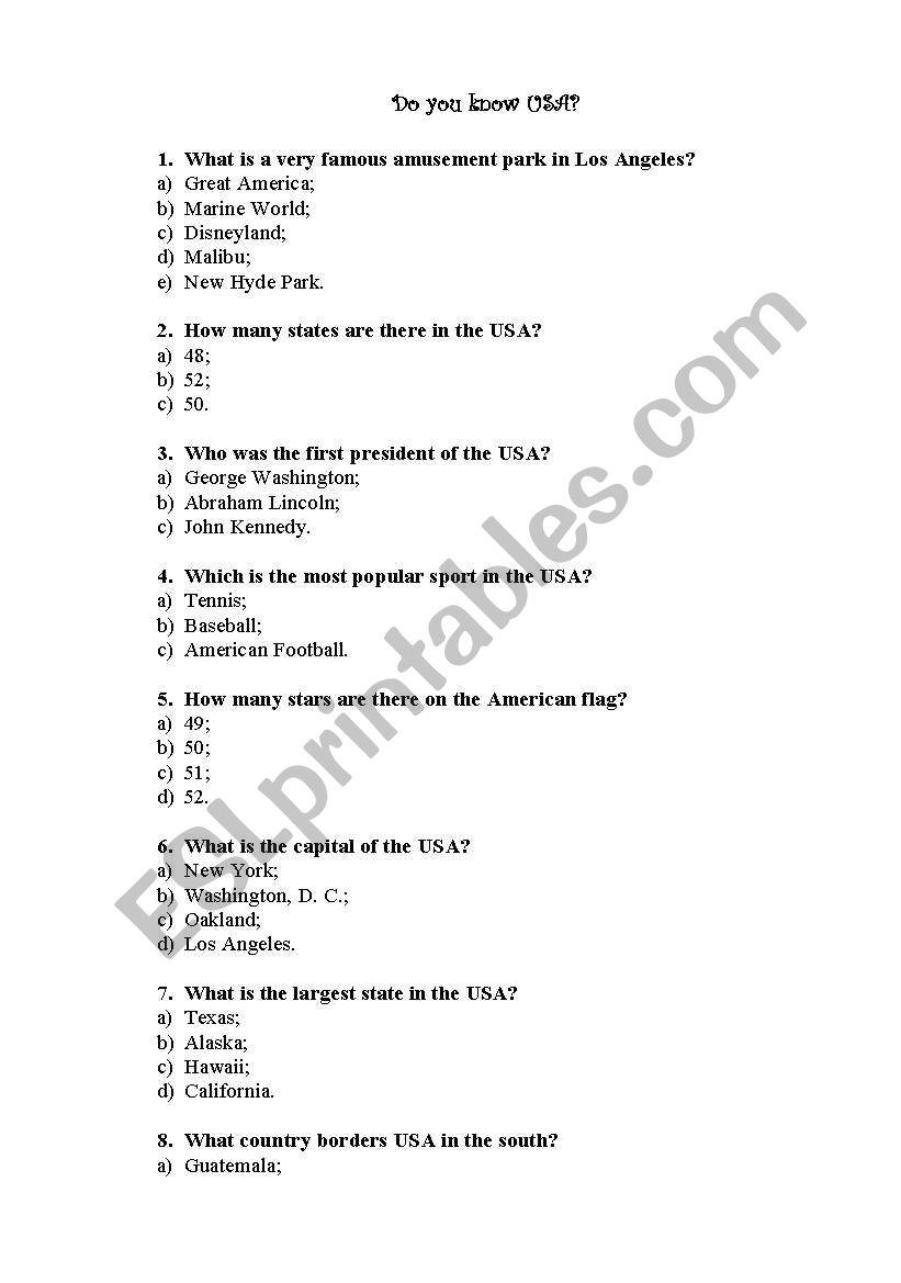 Do you know about the USA? worksheet