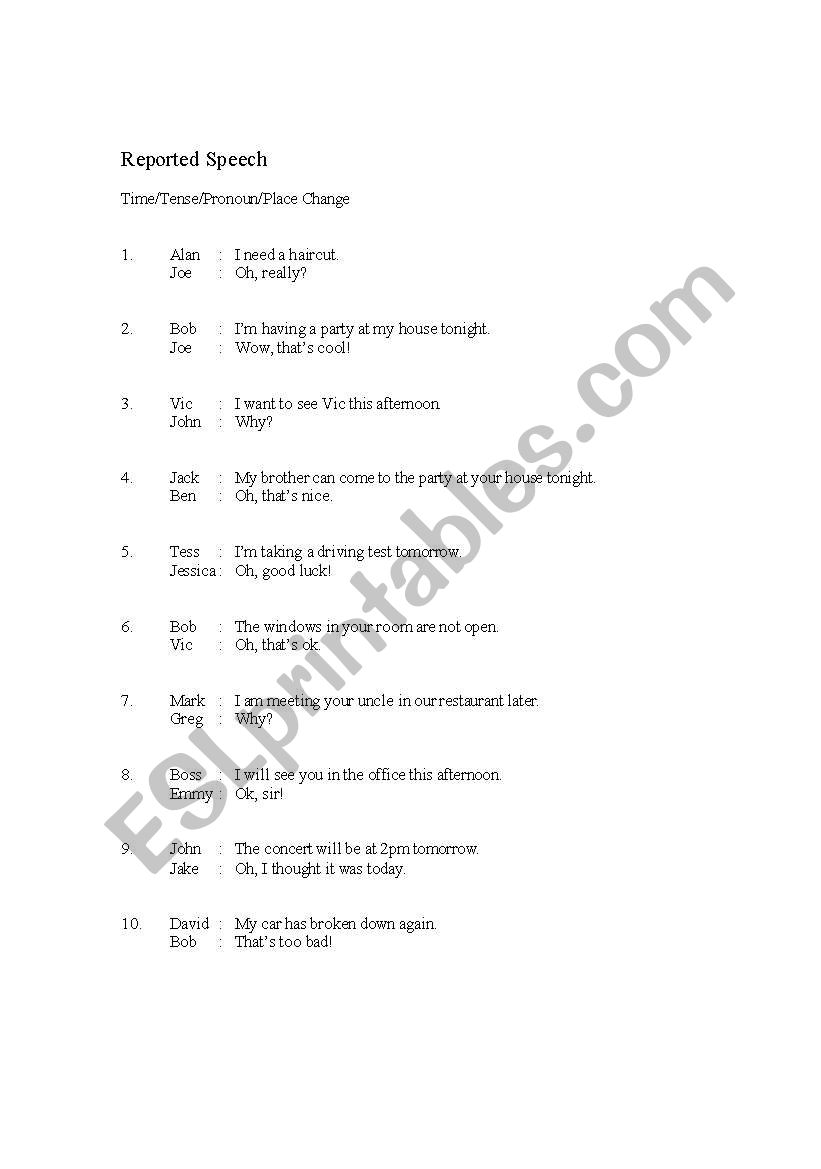 Reported Speech Exercise worksheet