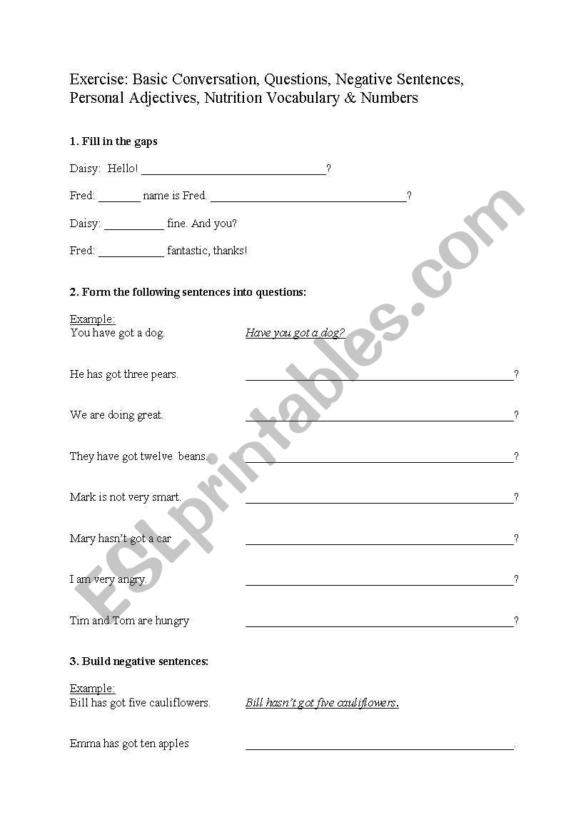 Basic Conversation, Questions, Negative Sentences, Personal Adjectives, Food Vocabulary & Numbers