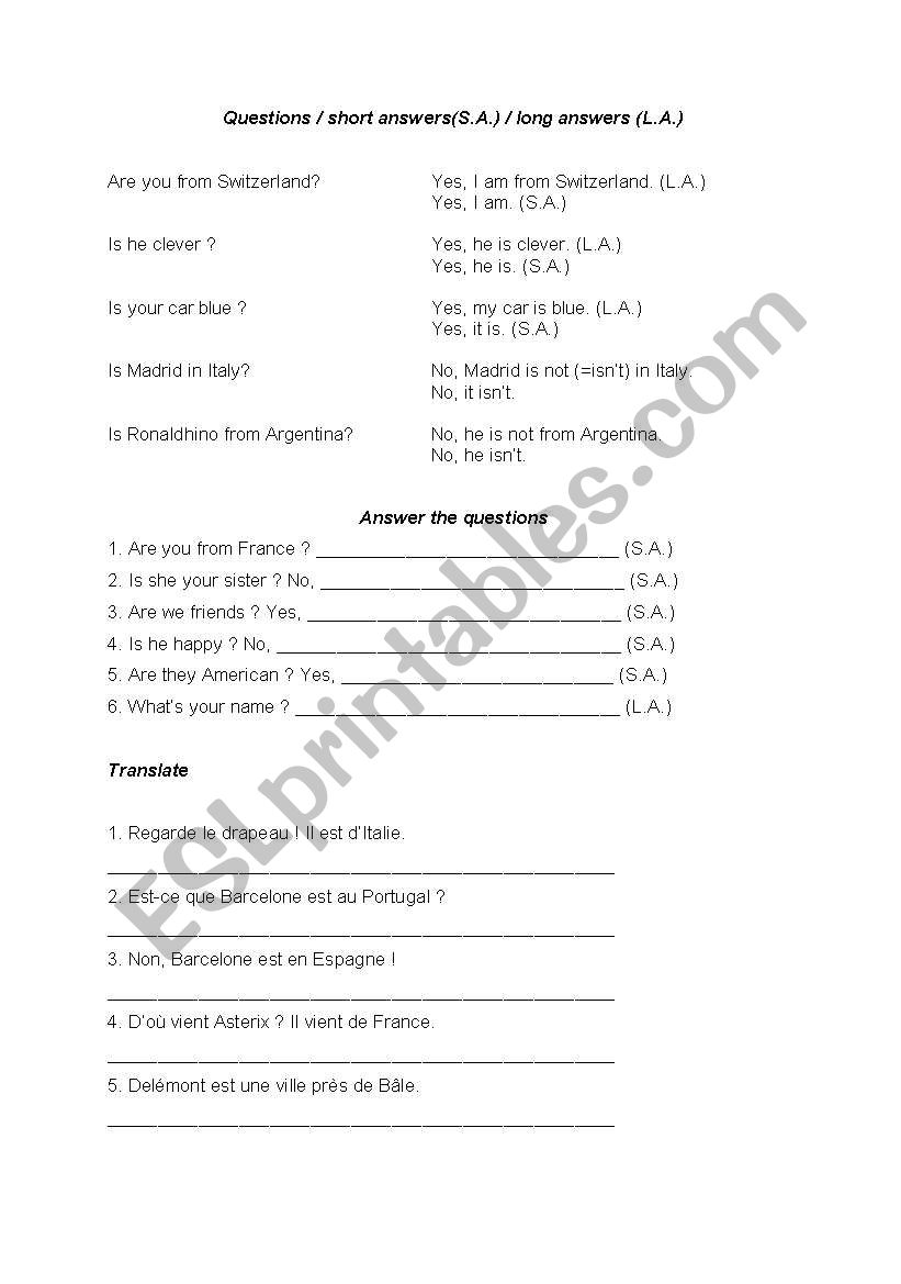Short Answers/Long answers worksheet