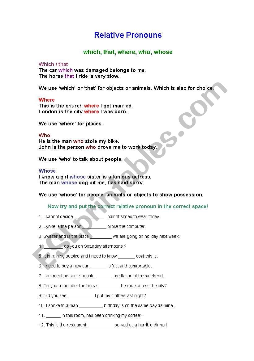 Relative Pronouns worksheet