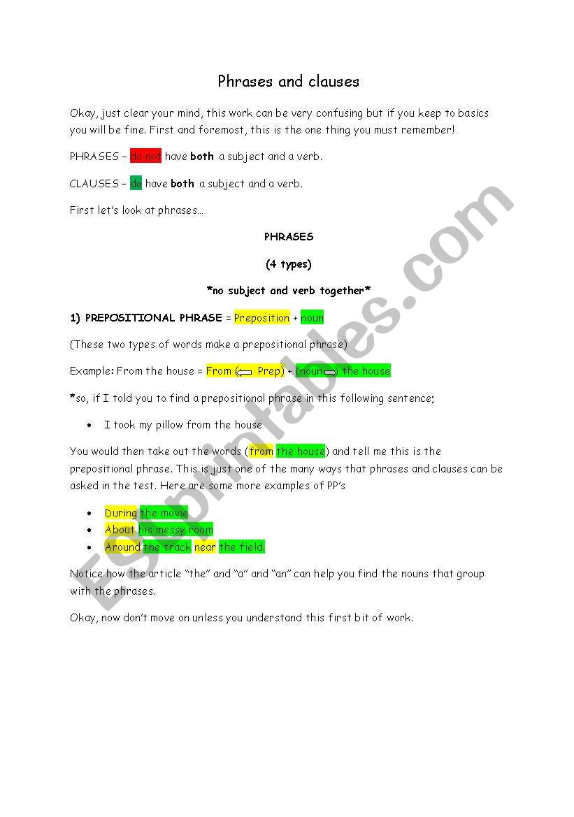 Phrases and clauses 1 worksheet
