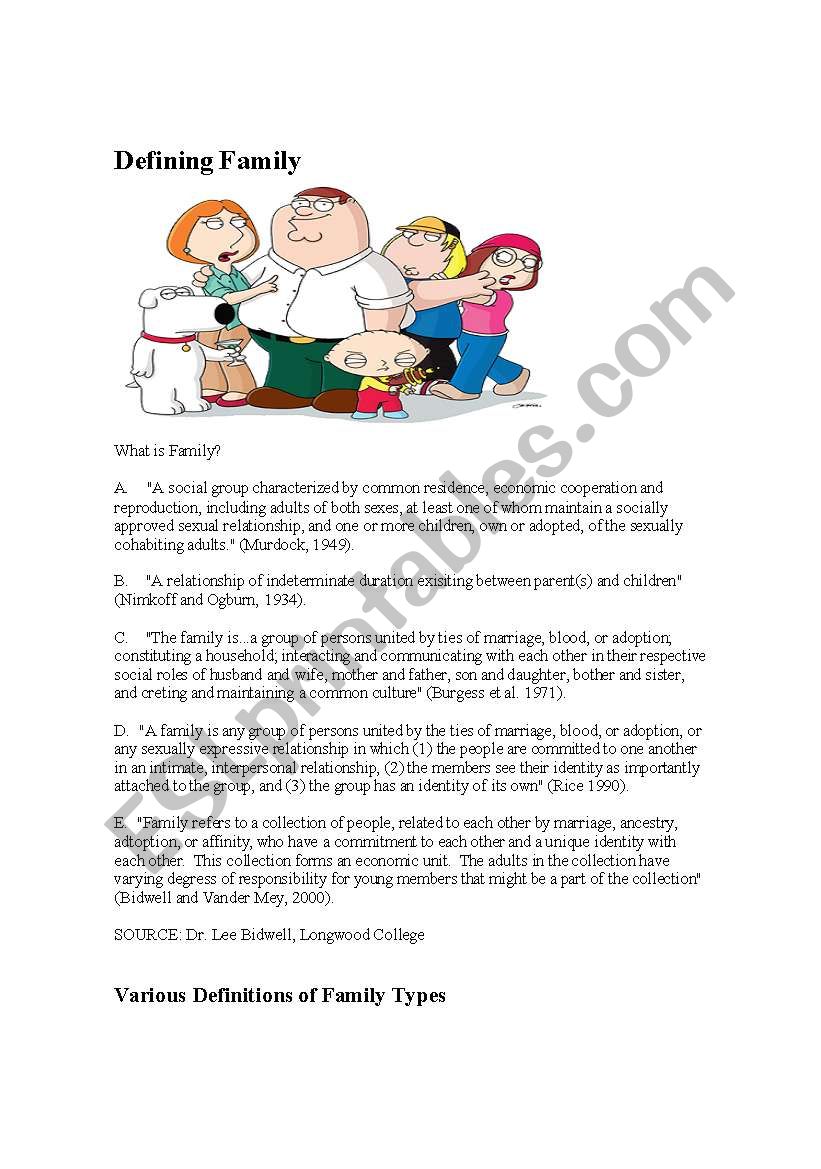 Defining Family worksheet