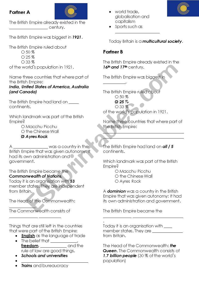 The Commonwealth and the British Empire - tandem worksheet