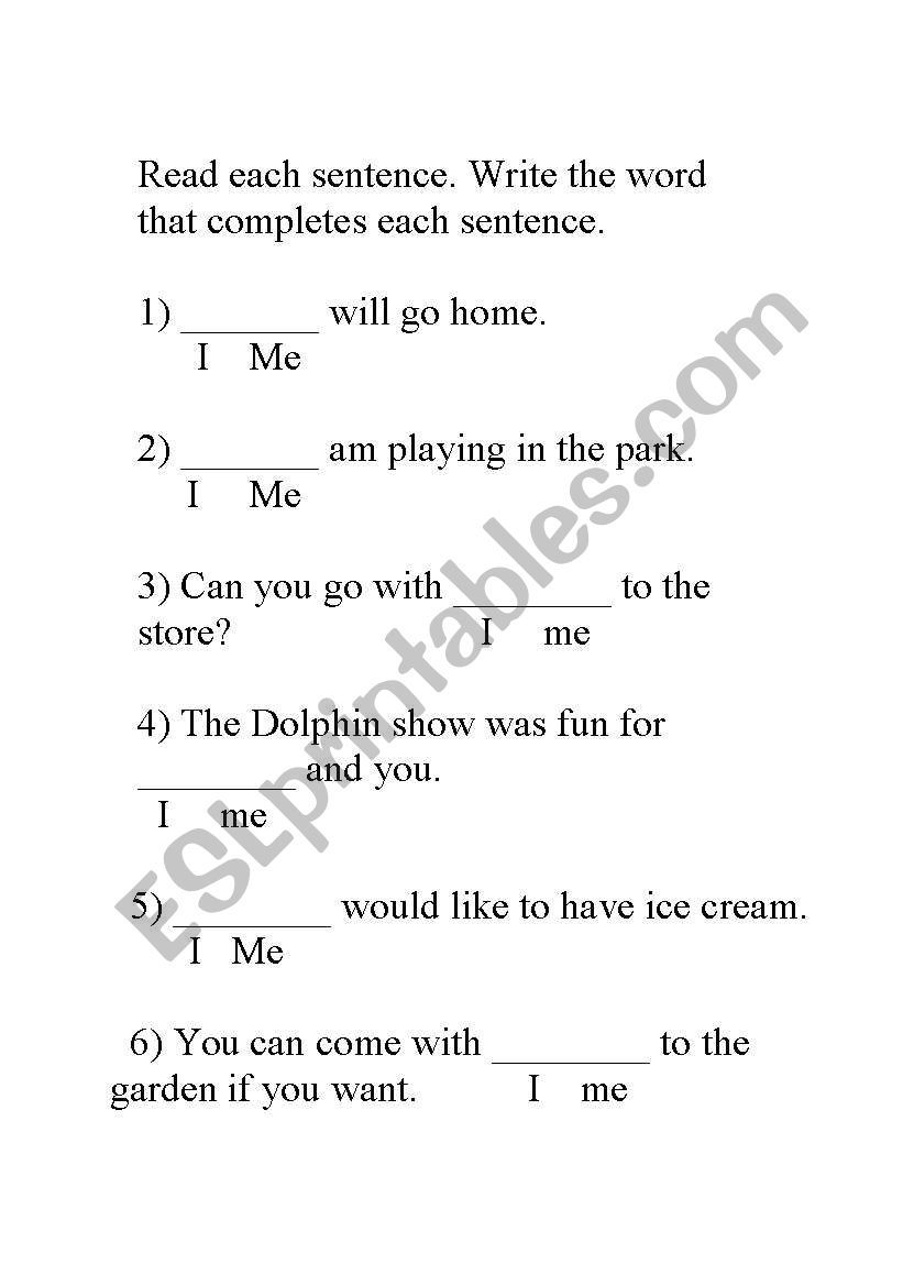 I/Me worksheet