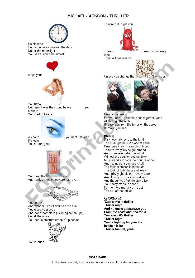 MICHAEL JACKSON THRILLER worksheet