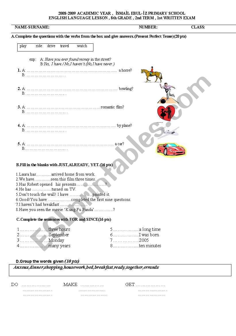 exam for 8th grade worksheet