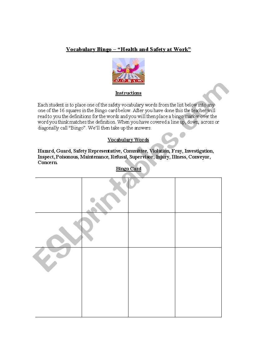 Vocabulary Bingo Health and Safety at Work Student Worksheet