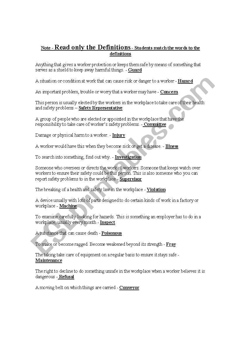 Vocab Bingo Health and Safety at Work Answer Sheet