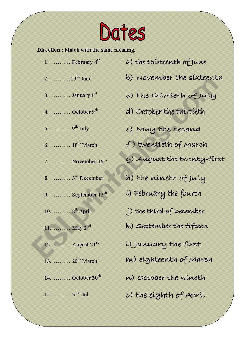 Date and month worksheet