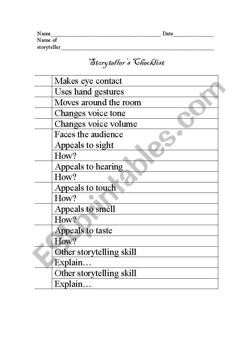 Storytellers Checklist worksheet