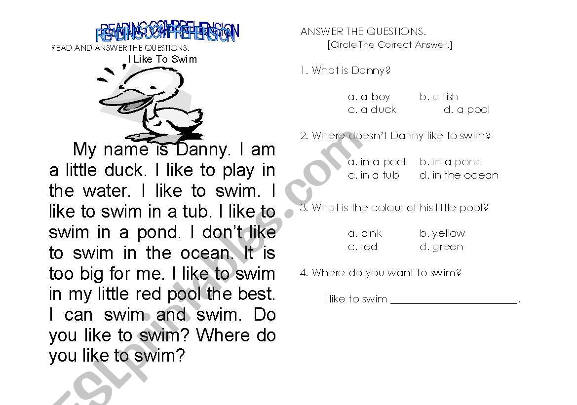 I LIKE TO SWIM worksheet