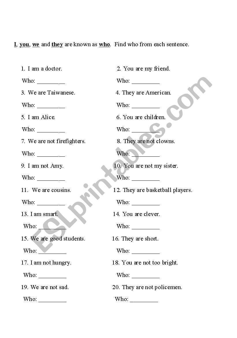 I you we they= who worksheet