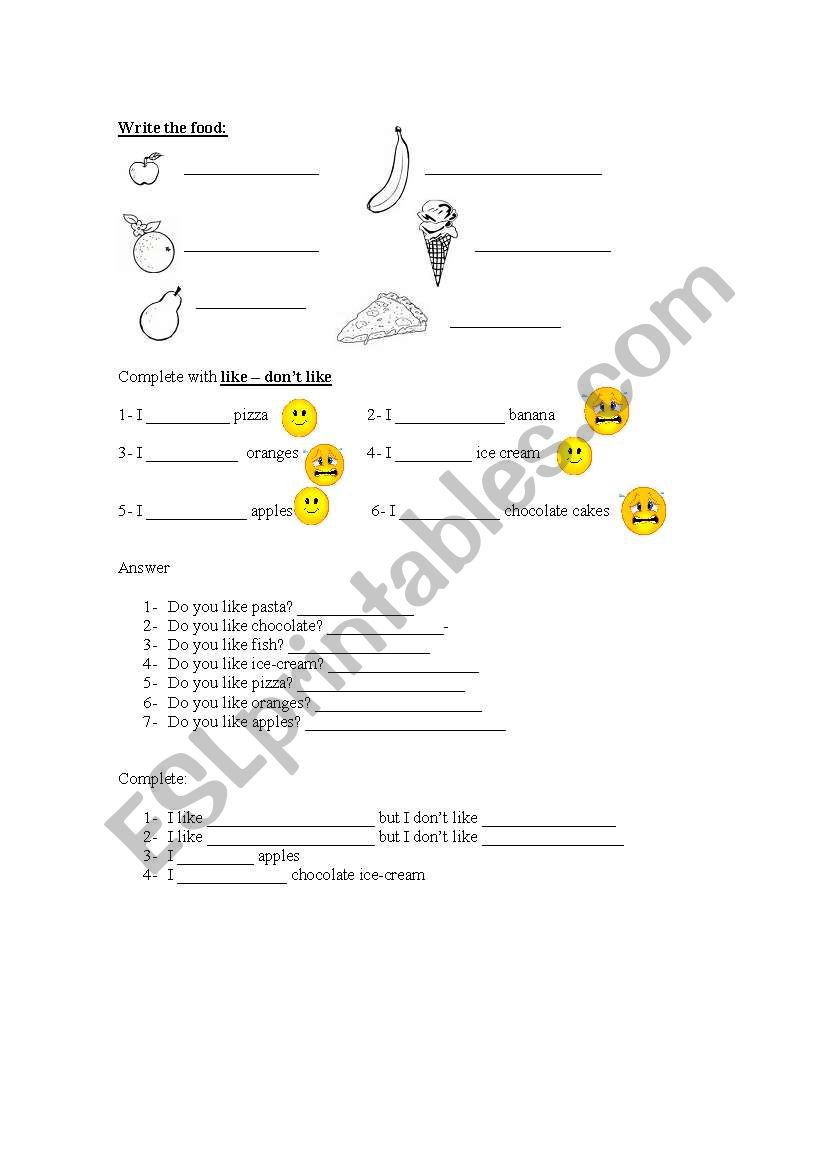 food - like dont like worksheet
