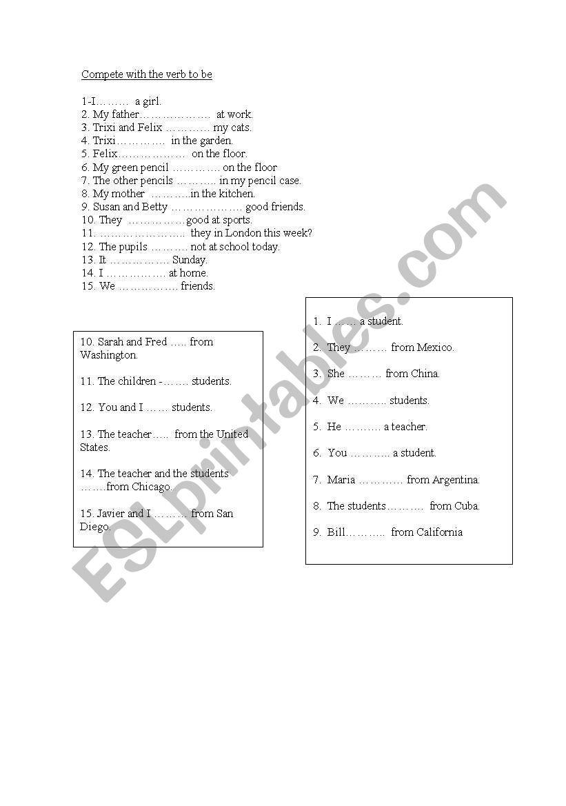 verb to be worksheet