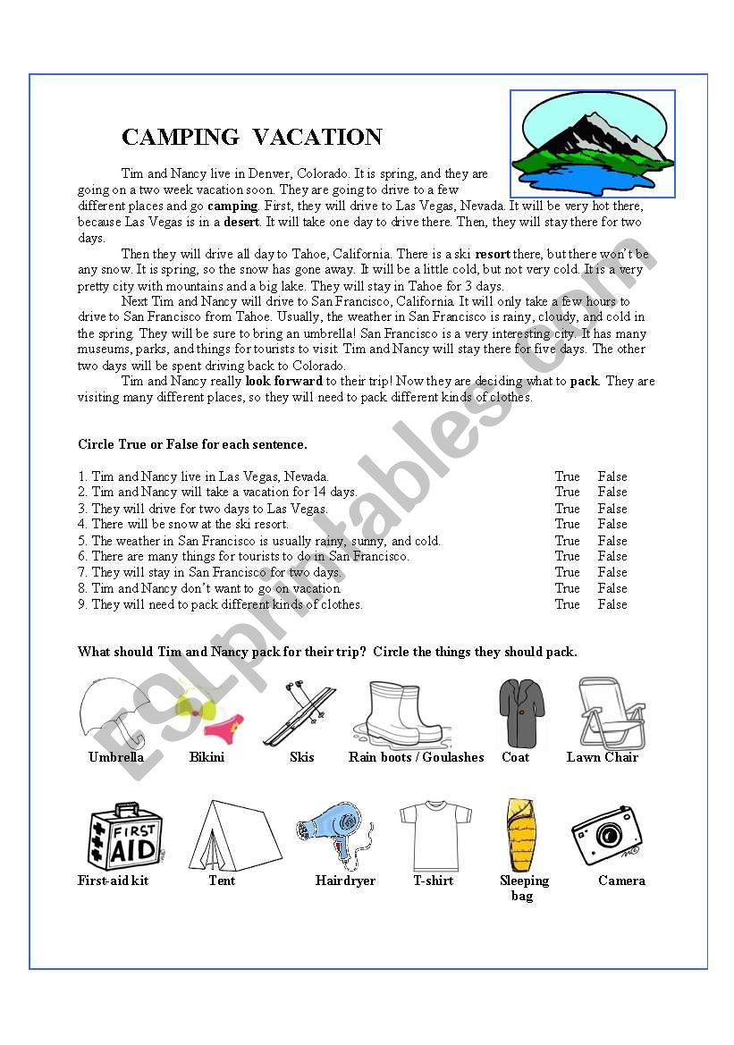 Camping Vacation worksheet