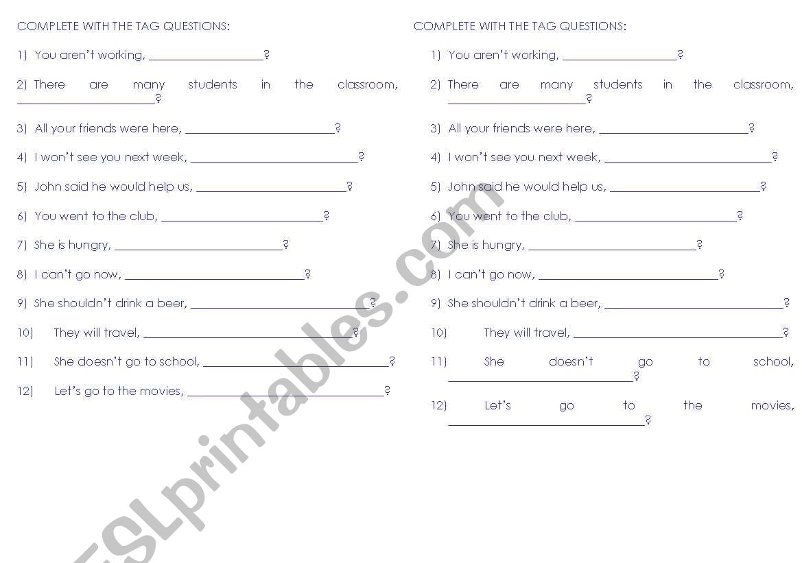 Tag questions worksheet