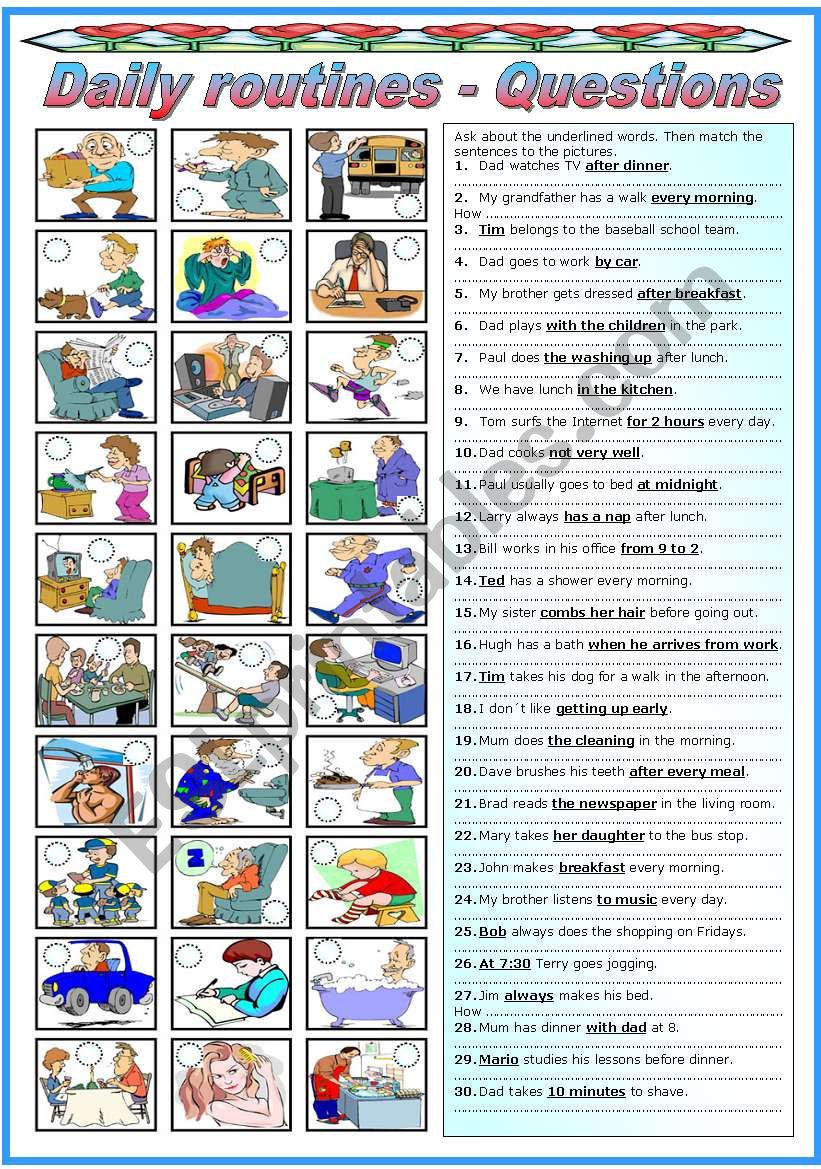 DAILY ROUTINES - PRESENT SIMPLE QUESTIONS (B&W VERSION INCLUDED)