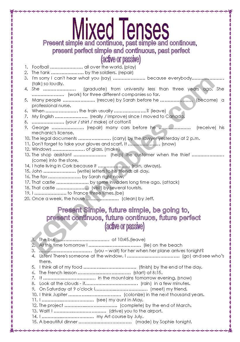 Mixed Tenses. Present, past, future (active & passive). With KEY.