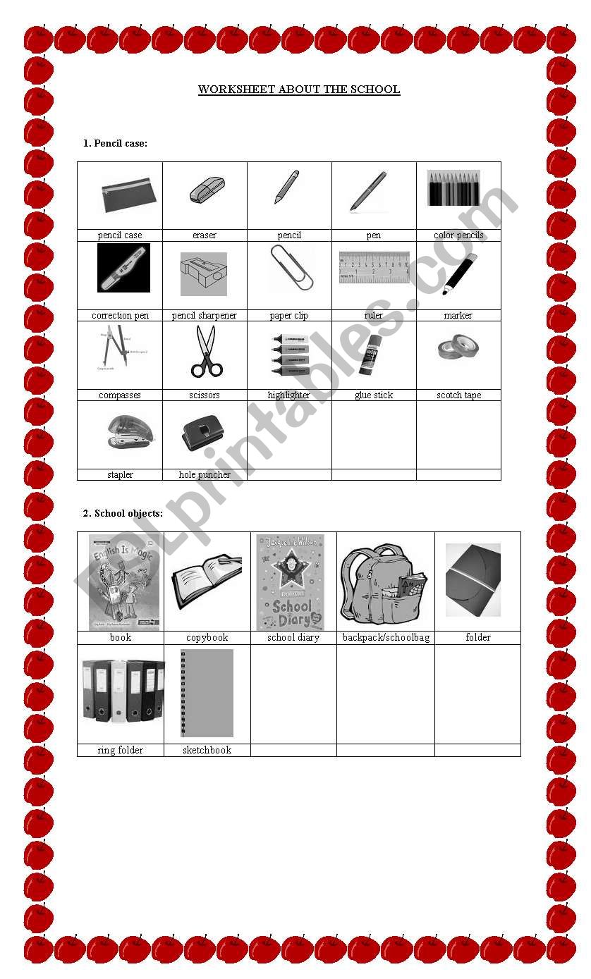 School objects worksheet