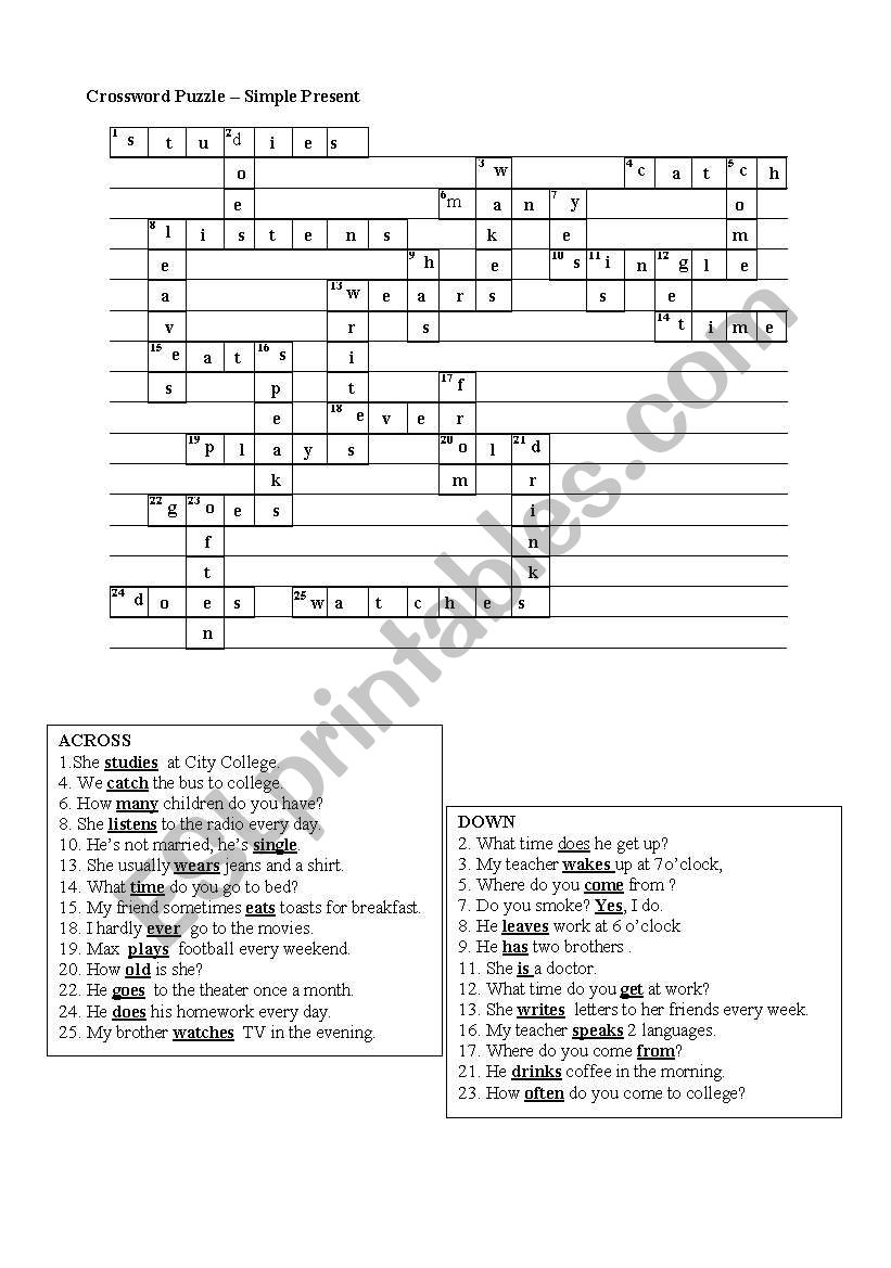Crossword Puzzle Simple Present