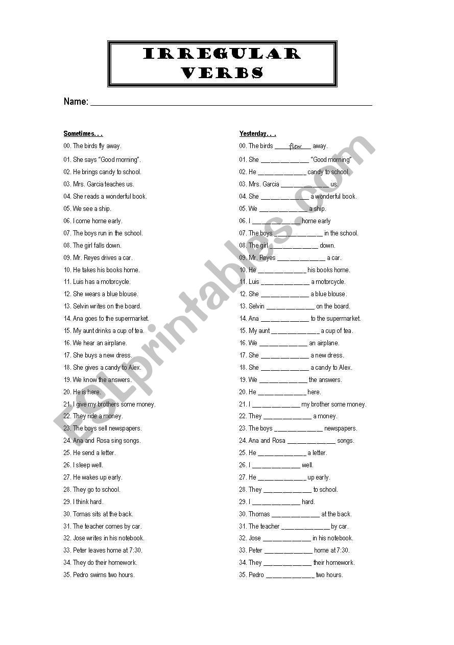 Irregular verbs worksheet